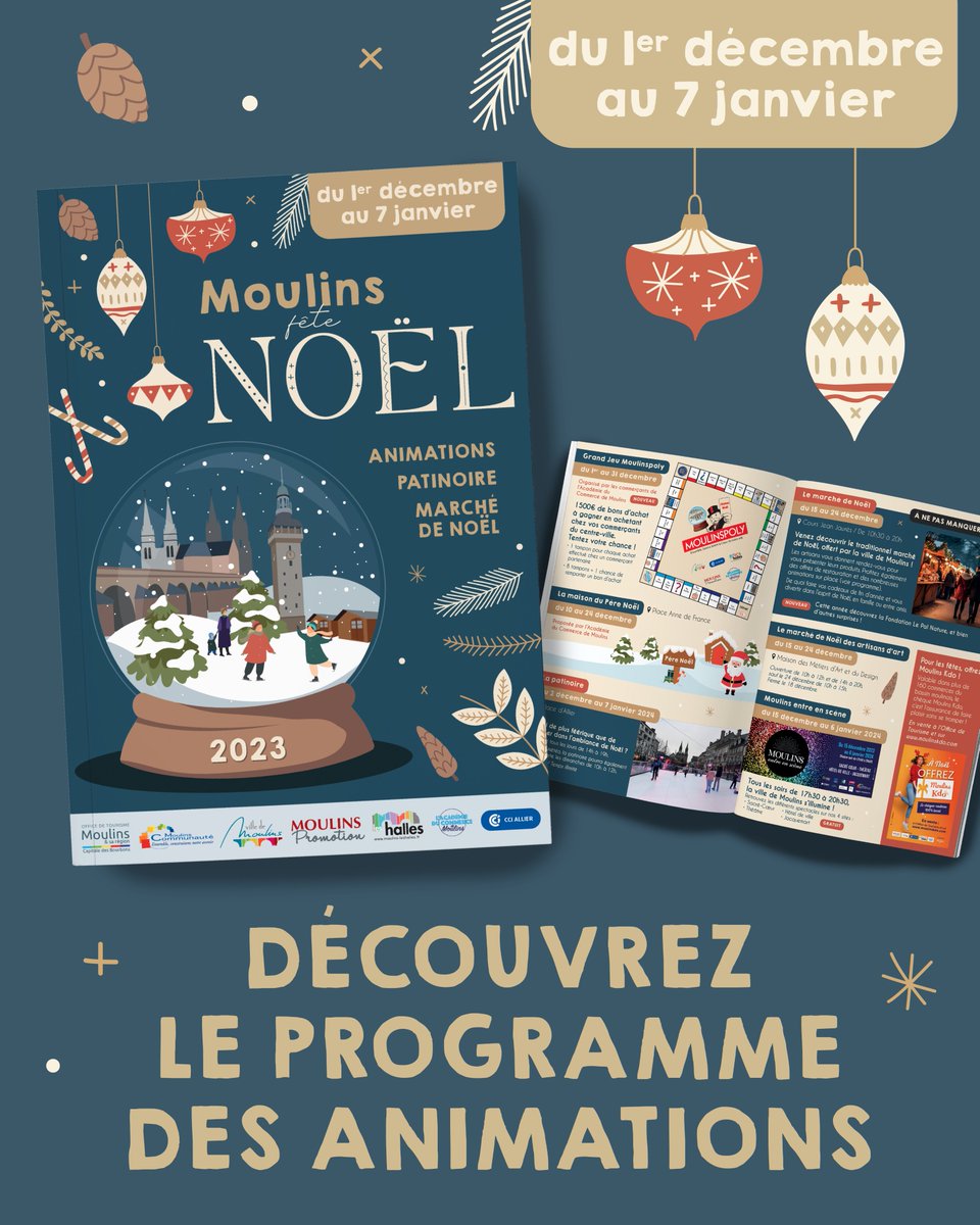 #Noël 🤩 A partir du 1er décembre, Moulins fête Noël et vous propose ses nombreuses animations : patinoire, marché de Noël, déambulations, spectacle de magie, dégustation de bûches, et bien d'autres surprises 🎄🎅 👉 Découvrez le programme complet : urlz.fr/oHgB