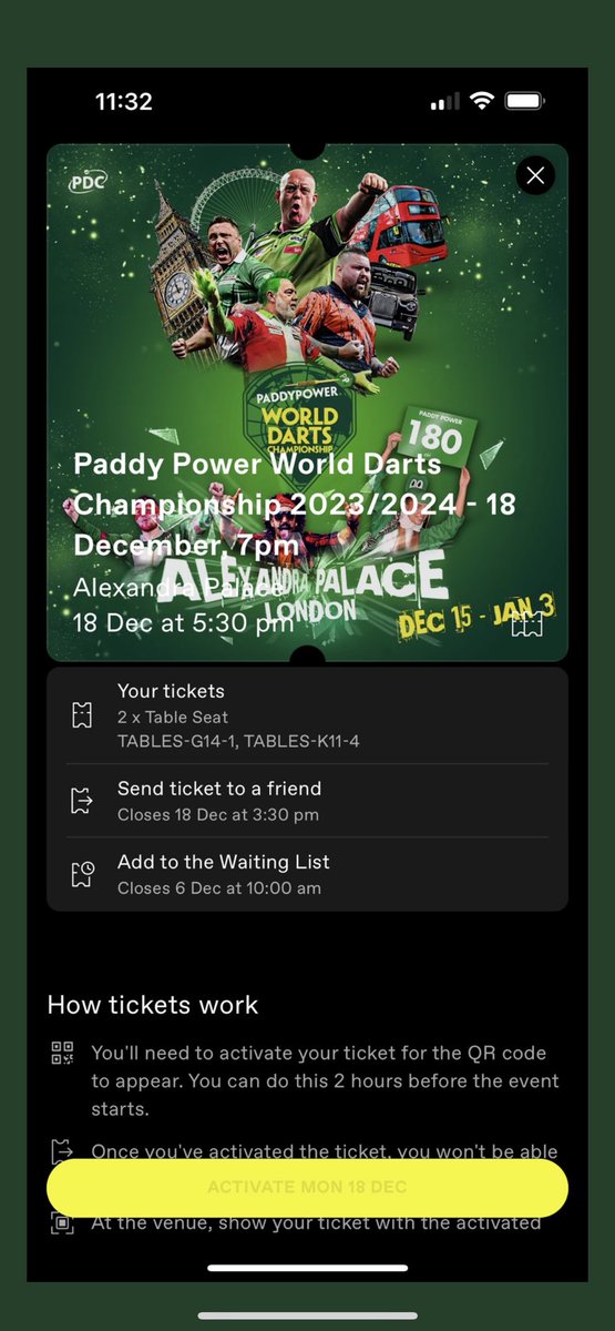 F_MUFC9's tweet photo. @OfficialPDC @paddypower Selling 2 Table Tickets to Ally Pally PDC Darts Monday December 18th message me if interested, can no longer make it hence why selling🎯🎫 https://t.co/32l4kqboeP