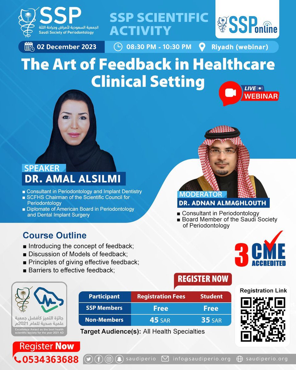 saudiperio's tweet photo. Saudi Society of Periodontology
#SSPonline

The Art of Feedback in Healthcare Clinical Setting 

Dr. Amal AlSilmi

🗓2/12/2023
⏰8:30 PM🇸🇦

🔗https://t.co/cof9fmR6sg https://t.co/oADpwRI7n5