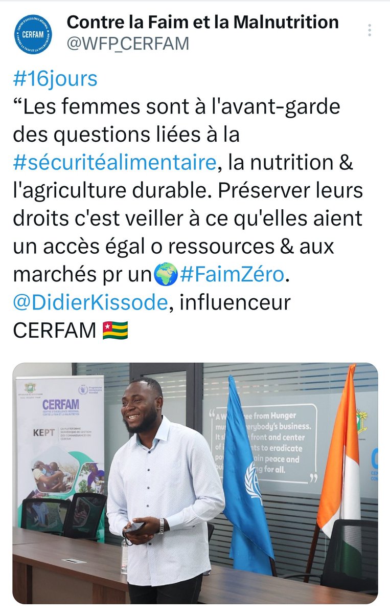 Les femmes sont à l'avant-garde des questions liées à #SécuritéAlimentaire, #Nutrition et à l'agriculture durable. Nous devons préserver leurs droits et veiller à ce qu'elles aient un accès égal aux ressources/processus de prise de décision pour un monde  #FaimZéro.
1/2
#Togo