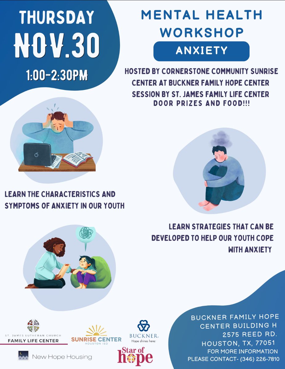 Milby Wraparound Specialist (@wraparoundmilby) on Twitter photo Mental Health Workshop tomorrow Thursday November 30th 1:00pm-2:30pm. There will be door prizes and food! 
📍2575 Reed Rd. Houston TX, 77051 Mental Health Workshop tomorrow Thursday November 30th 1:00pm-2:30pm. There will be door prizes and food! 
📍2575 Reed Rd. Houston TX, 77051