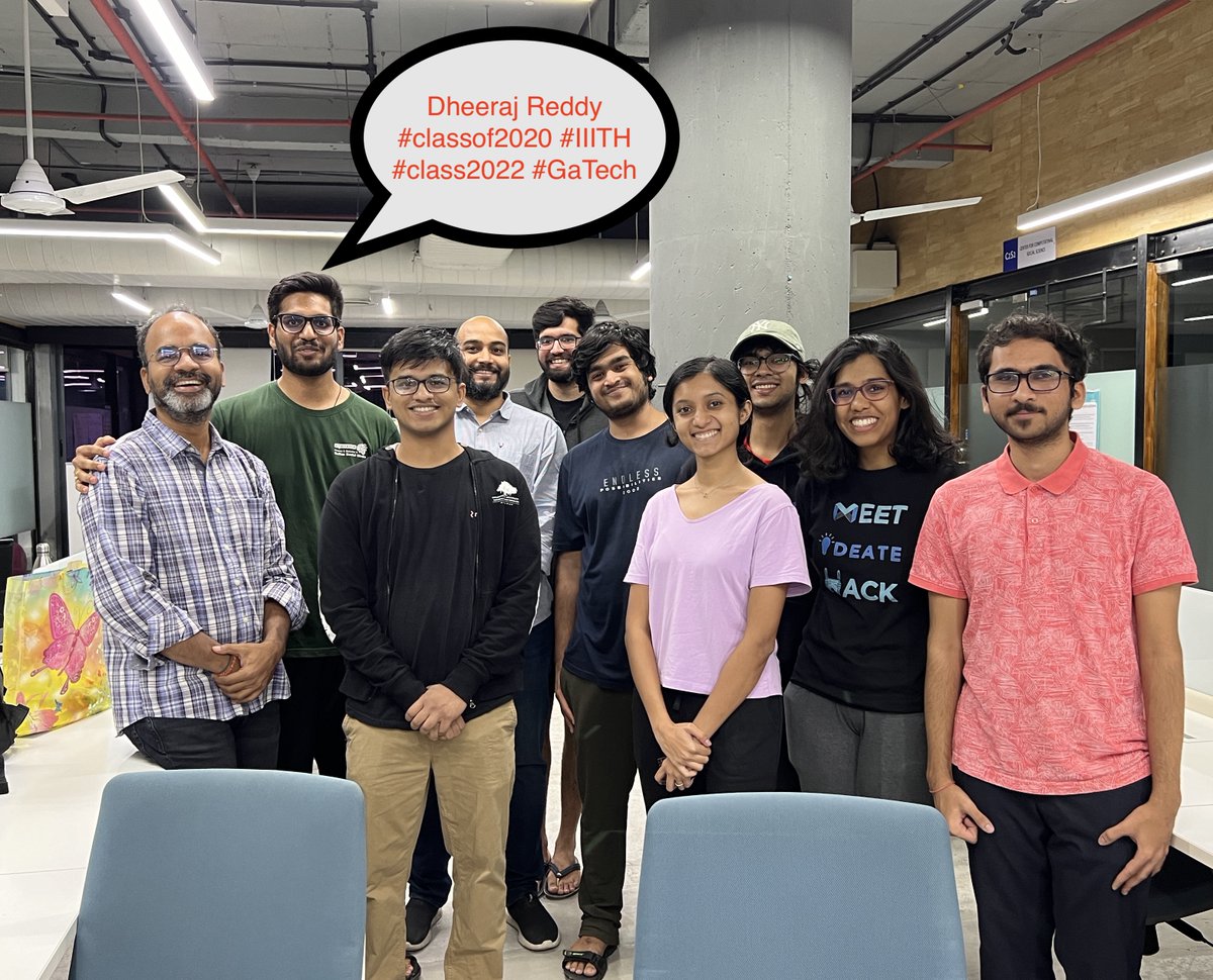 ponguru's tweet photo. Look ๐ who was on campus today! @DheerajPailla #classof2021 #IIITH -> MS GaTech -> Walmart. Thanks D for wearing the fall 2018 ๐ฎ Privacy course tshirt. #PastMeetsPresent ๐ D for taking time, interacting with current students.ย #IIITHAlumniRock #StrengthofWellWishers #ProfGiri https://t.co/FhBYEV0wA3