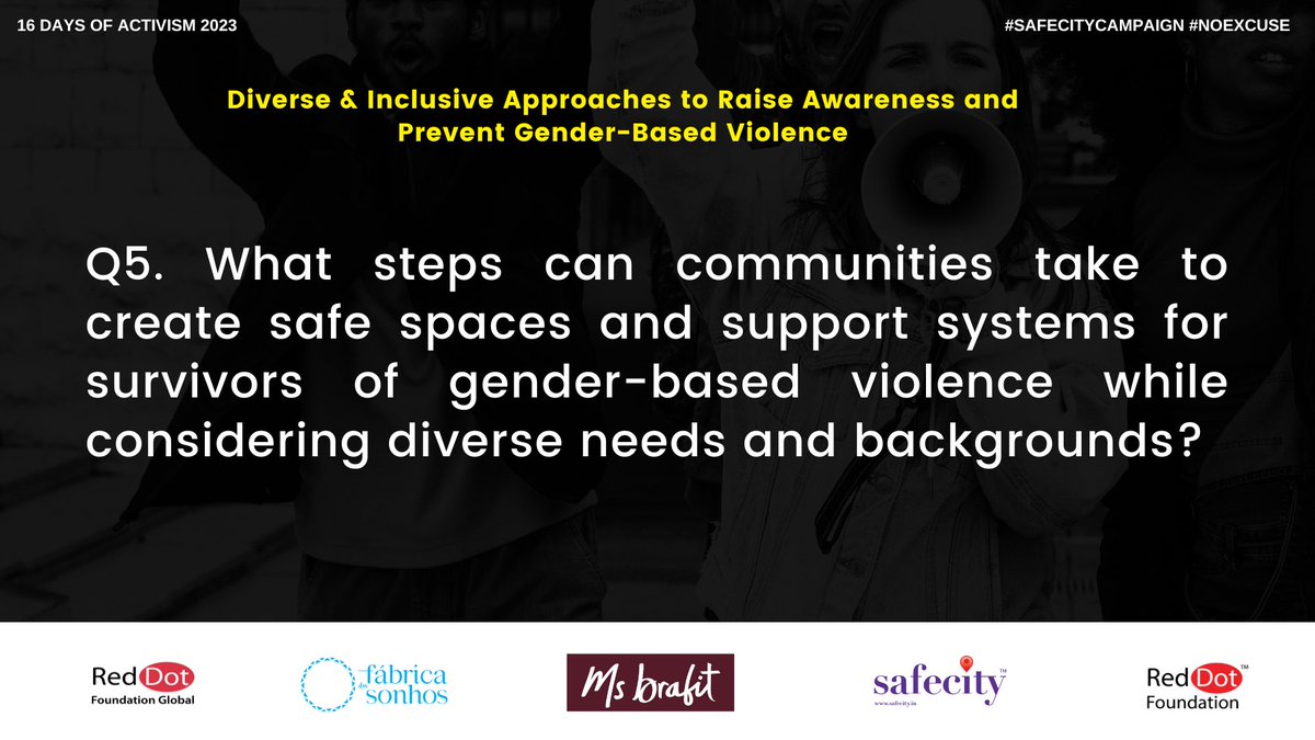 TheSafecityApp's tweet photo. 5. What steps can communities take to create safe spaces and support systems for survivors of gender-based violence while considering diverse needs and backgrounds?

- You can tweet your answers with the question number (e.g. A1, A2)

- Use hashtag #NoExcuse

#SafecityCampaign https://t.co/v1y0EIKIuF