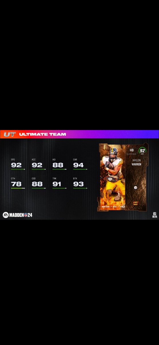 DerrickSnow's tweet photo. How is it that they got the same overall but one is way better than the other the way yall do Steelers players on this game is crazy  @GmiasWorld @Gutfoxx @MaddenNFLDirect @Zirksee @UseCodePOP @EASPORTS_MUT https://t.co/zrVdsUOSNc