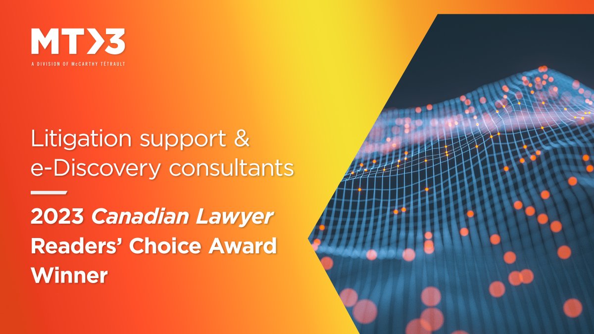 MT>3 has once again been voted by <a href="/CanLawMag/">Canadian Lawyer Magazine</a>  readers as their preferred “Litigation Support and e-Discovery Consultants" for the innovative work we provide to our clients. Learn more about MT>3’s services: bit.ly/3N6jscL
