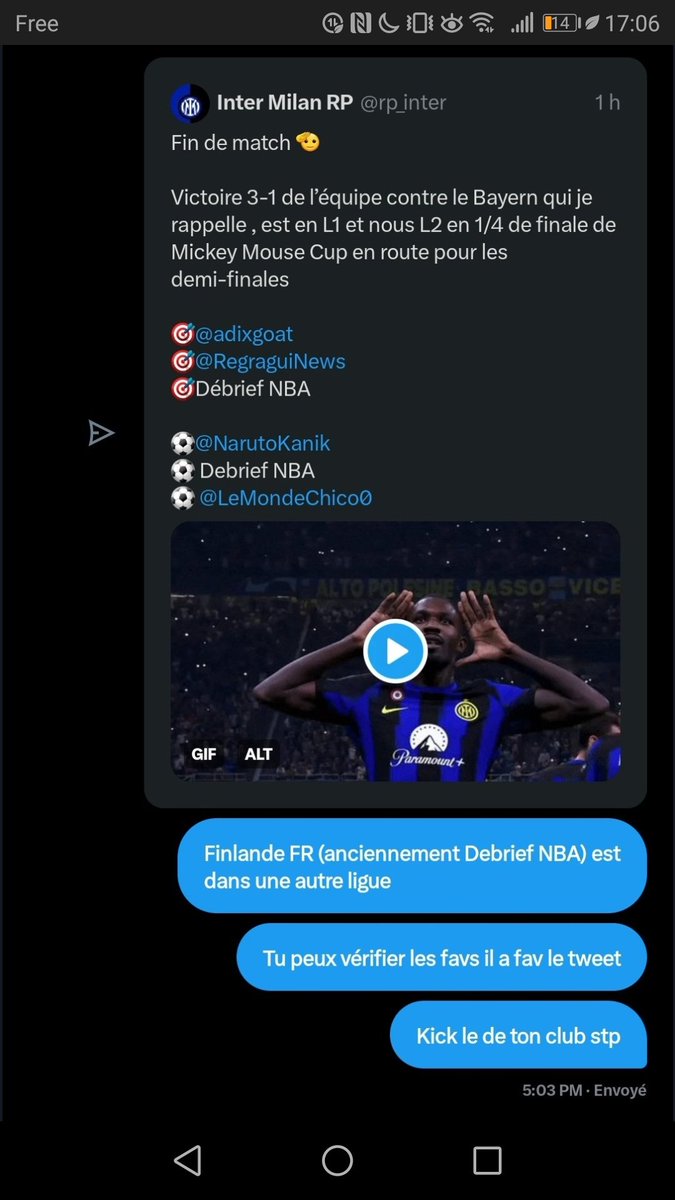Nous annonçons que nous virons @FinlandeFr car il est dans une autre ligue ( c'est debriefnba qui avait quitté la ligue) @PwitterNewsRP