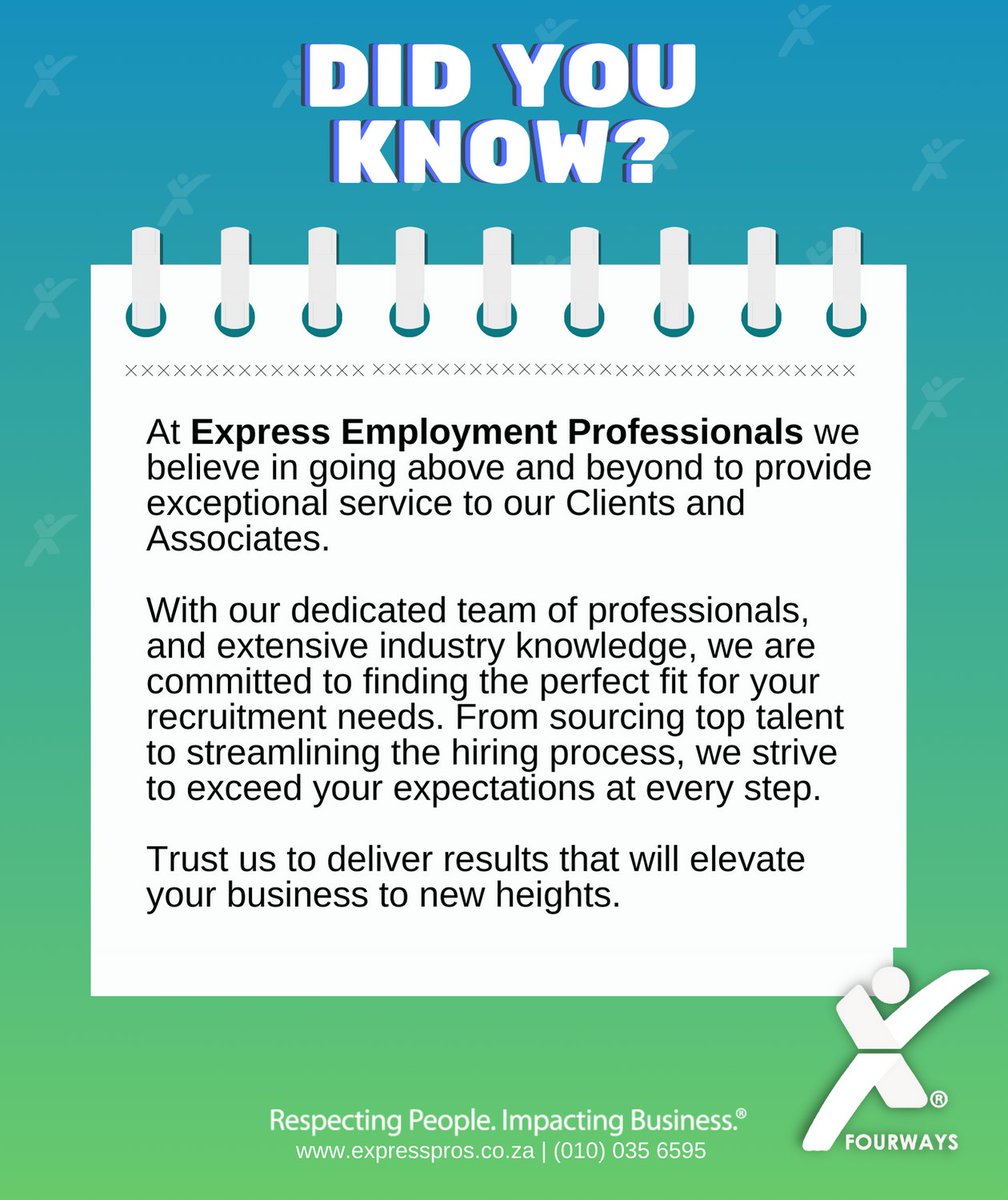 #StaffingSolutions #ExpressEmploymentPros #PeakSeasonHiring #RecruitmentServices #HireTheBest
#humanresource #ExpressProsFourways #FourwaysAlways #PuttingAMillionPeopleToWork