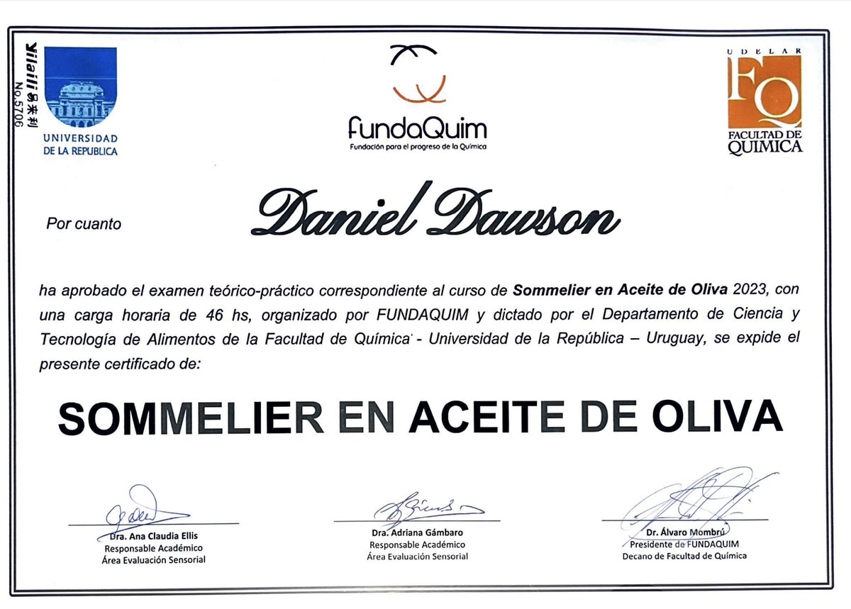 dmdawson91's tweet photo. I’m pleased to announce that I am officially an #oliveoilsommelier, though I still have so much to learn. This recognition is the first step in a new project I have been working on for a few months now, the details of which I will be sharing very soon. https://t.co/UVuAfYsfZ0
