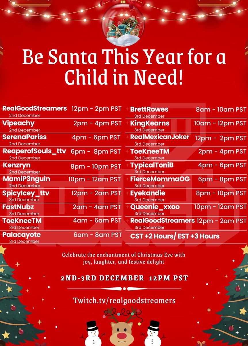 KingKearnsInc's tweet photo. Join us for the 3rd annual RGS Christmas charity raid train! There are so many great streamers coming together for a wonderful cause! Let’s get these kids some presents! 🎁 I hope I see you there! Together, we can make it happen 🎉🥳 https://t.co/tcBdpHyVwt