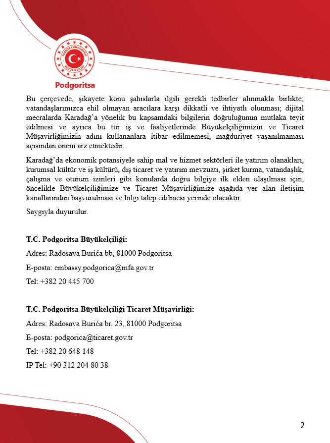 Karadağ'da iş ve ticaret yapma konularında yanıltıcı bilgiler hakkında önemli duyuru

podgorica-be.mfa.gov.tr/Mission/ShowAn…