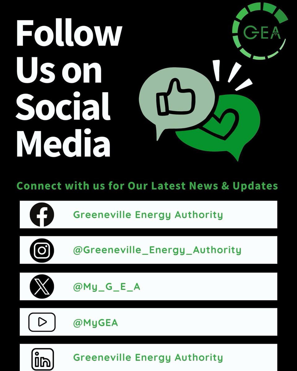 My_G_E_A's tweet image. 📢 Reminder Alert! 🌐 Stay in the loop with all things Greeneville Energy Authority! Follow us on all our social media platforms for the latest updates and news. 🚀💡 #StayConnected #FollowUs #MakingTheConnection