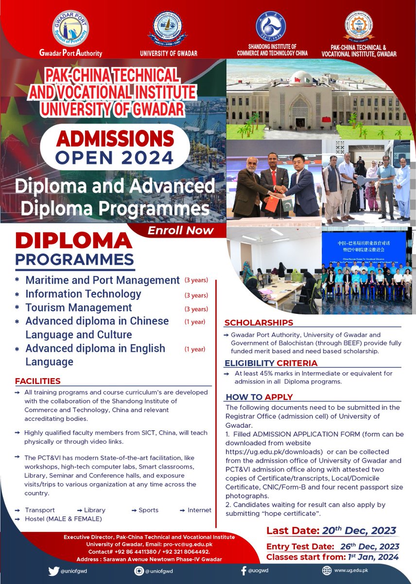 uniofgwd's tweet photo. "Empower Your Career: Elevate Your Skills with Our Industry-Driven Diploma Courses. Enroll Today! 
Pak China Technical &amp; Vocational Institute (PCT&amp;VI) @uniofgwd announced admissions for Diploma &amp; Advance Diploma Programs. #Gwadar #PCTVI #TechInstitute #CareerDevelopment" https://t.co/bibMmxYR3E