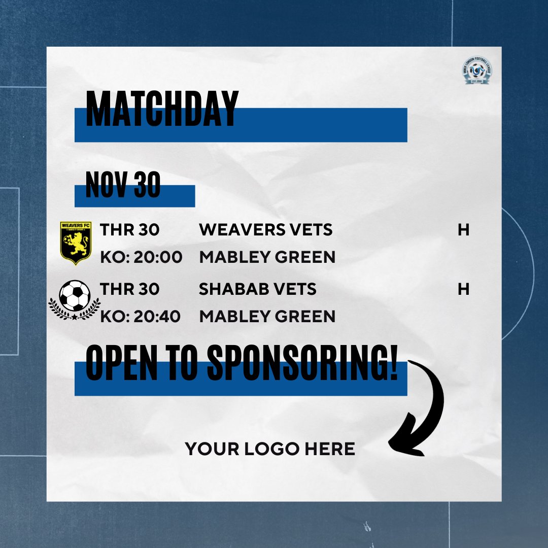 MATCHDAY 🔵

#matchday9 #WPVWVV
Wapping Vets 🔵
🤝 Weavers Vets (H)
🏟 Mabley Green
📆 30/11 - KO: 20:00pm
📊 ILFL TVL19 - Divison 1

#matchday10 #FNFSHB
Wapping FNF Vets 🔵
🤝 Shabab Vets (H)
🏟 Mabley Green
📆 30/11 - KO: 20:40pm
📊 ILFL TVL19 - Divison 4