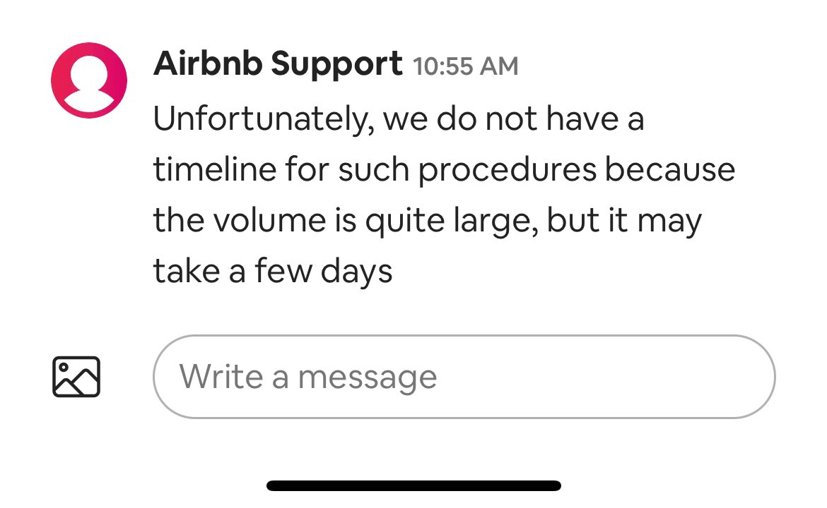 trickypad's tweet photo. Love how they reach out to “learn more” and “have a member contact me directly” all to leave me hanging again. The way @bchesky ghosted me one more time lol 

@Airbnb https://t.co/CMFAyY91co