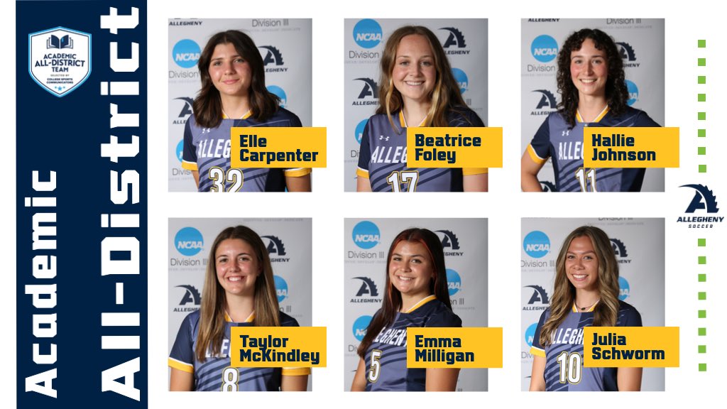 AlleghenyWSoc's tweet photo. We would like to recognize our 6 student athletes that were named to the College Sports Communicators (CSC) Academic All-District team for their athletic and academic achievements!  #gogators #swampcertified https://t.co/5GnRoamghE
