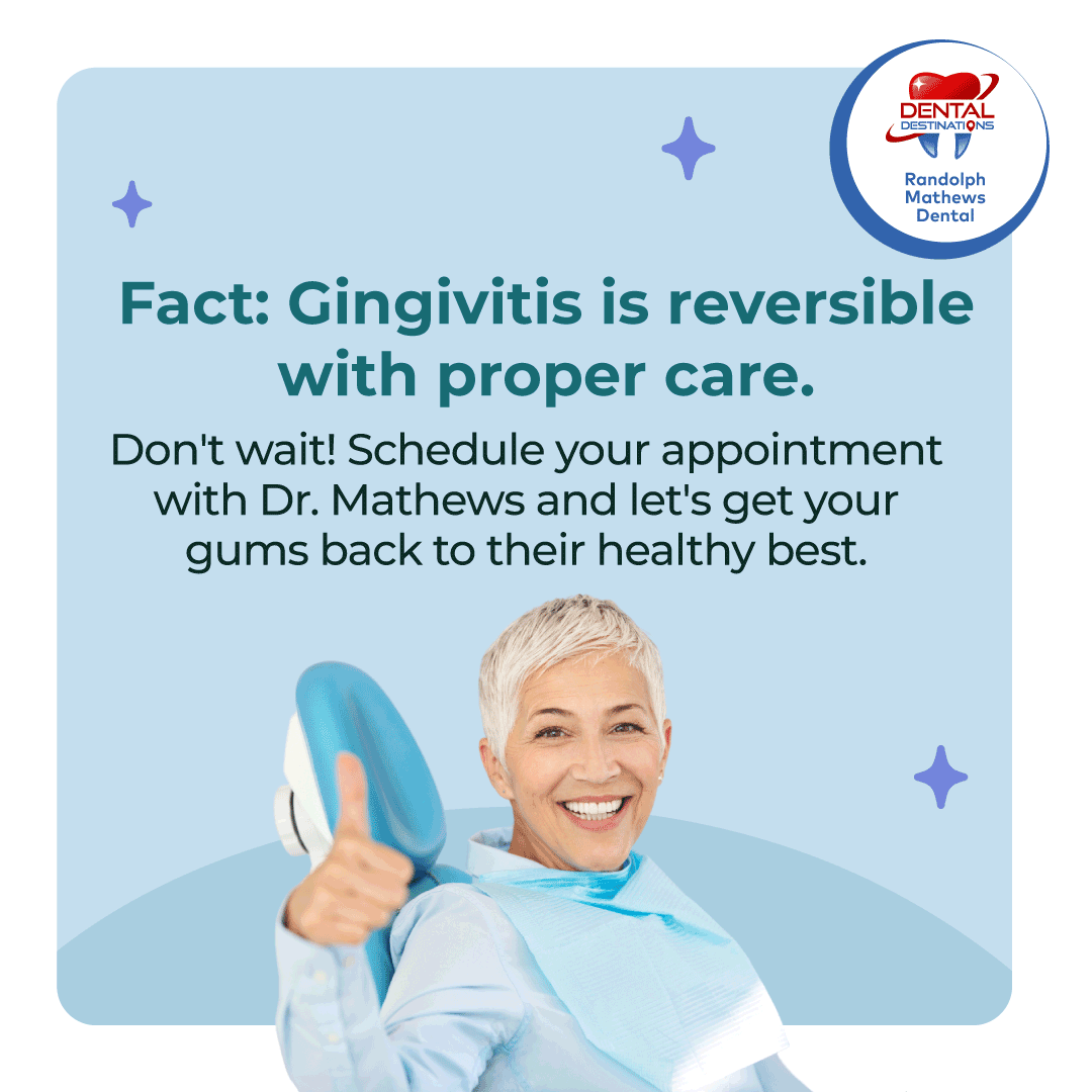 RMathewsDental's tweet photo. Fact: Gingivitis is reversible with proper care. Don't wait! Schedule your appointment with Dr. Mathews and let's get your gums back to their healthy best. 🦷💙 #GumHealth #DentalCare https://t.co/tnVGuVtXvU