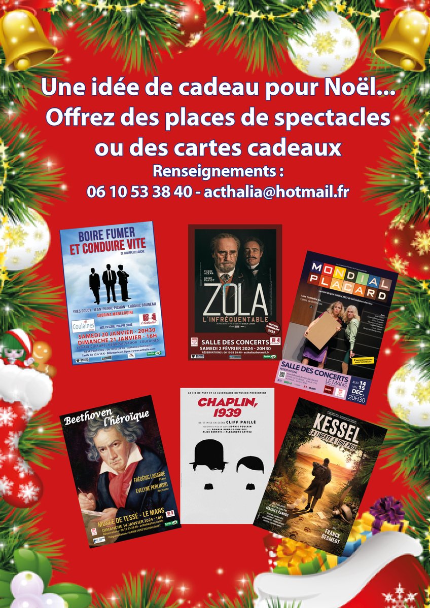 Les cadeaux de Noël, un vrai casse-tête ?
Offrez les places de spectacles.
Renseignements : 06 10 53 38 40
