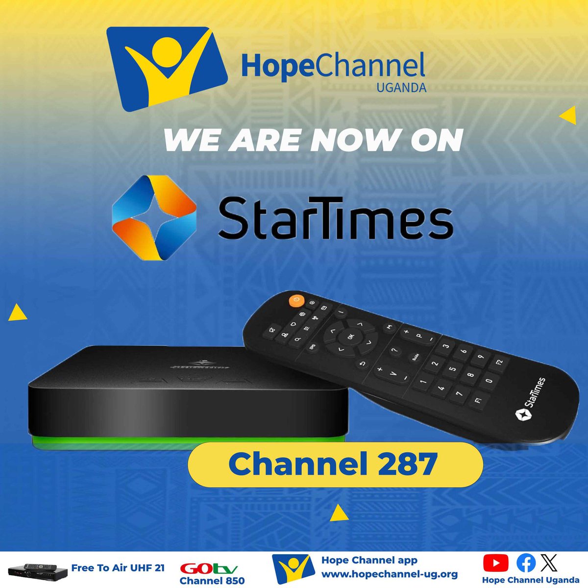 HopeChannelUg's tweet photo. As we close the day, join us as we welcome those on start times platform to the hope channel uganda world, 🎉🎉, inform all your friends, family, neighbours, not to miss this out as we share to them, the everlasting #HOPEFORETERNITY https://t.co/ATuTp14wa7