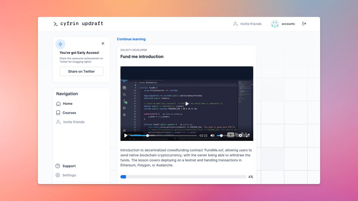 Cyfrin Updraft is here! 

We've officially started distributing the early access codes ✨

Get access to:
- 50+ hours of top-notch smart contract development resources
- The ultimate smart contract security course
- Soon, earn achievements and monetise

Here's what to expect: