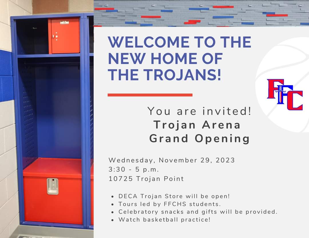 This event is open to the community! We hope you'll join us to get a first look at the #TrojanArena with @FFCHSAthletics. ❤️💙 @abbibennett99 @lukezahlmann @RobNamnoum @JessicaKayTV @BradeyKing