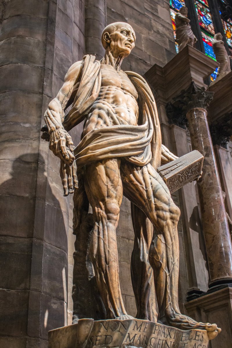 This is one of the most haunting sculptures ever produced.

It depicts Saint Bartholomew, one of Christ's twelve apostles, who brought Christianity to India and Armenia in the 1st century.

Like many Christian martyrs, he suffered an excruciating demise; a common account tells