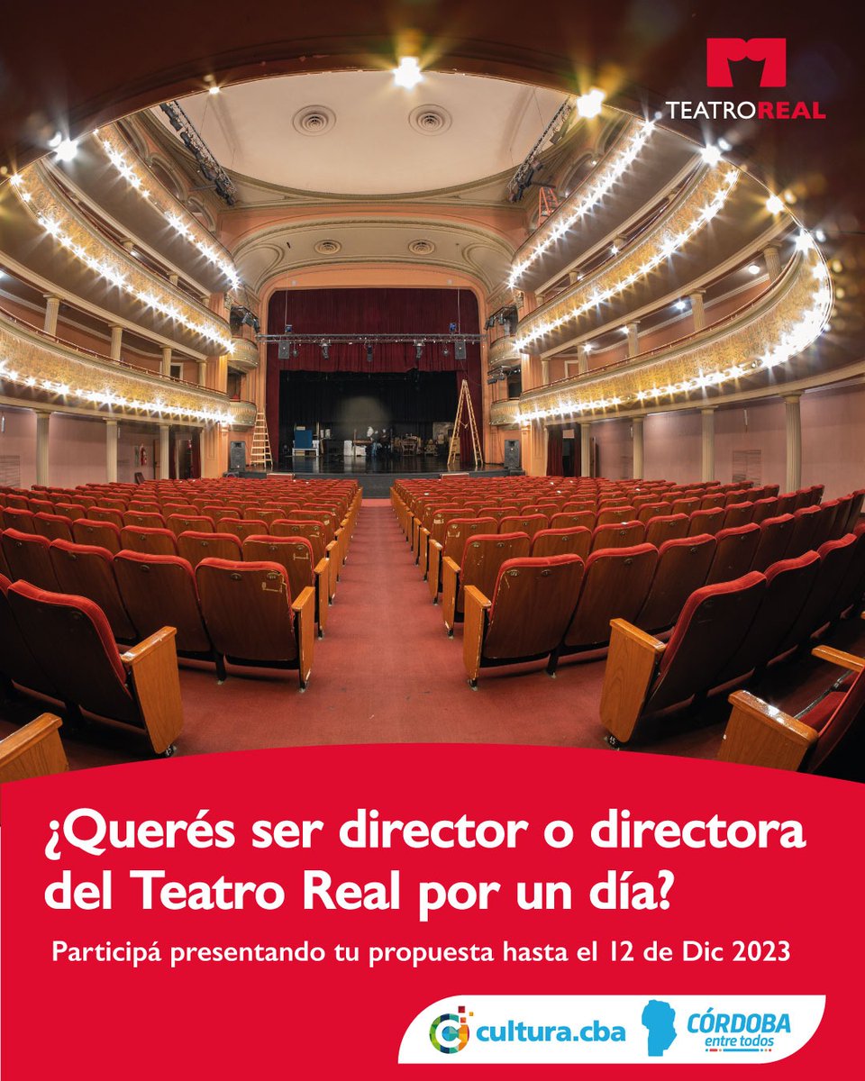 #Real2023 
¿QUERÉS SER DIRECTOR O DIRECTORA del TEATRO REAL POR UN DIA?
🙂🙂🙂🙂🙂
Inscríbete en el formulario hasta el 12 de diciembre. 

forms.gle/wddwPtUAAvXXf4…

<a href="/AgCbaCultura/">Cultura CBA</a>