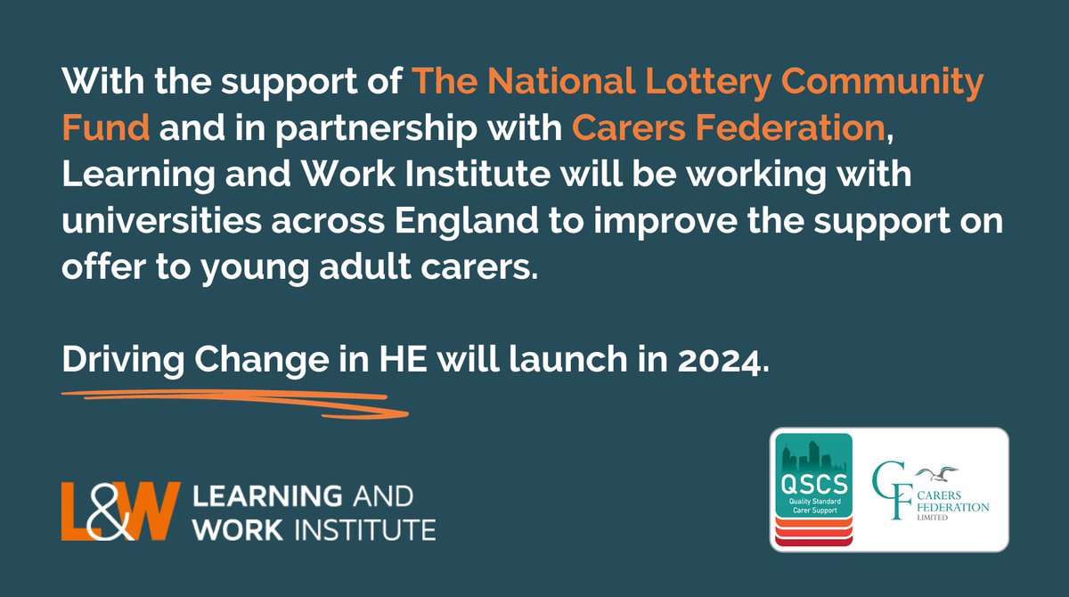 We are pleased to work with @LearnWorkUK on Driving Change in HE, a new project improving support for young adult #unpaid carers in #highereducation. 🚀 Discover more and register your interest below ⤵️ Supported by @TNLComFund learningandwork.org.uk/resources/rese…