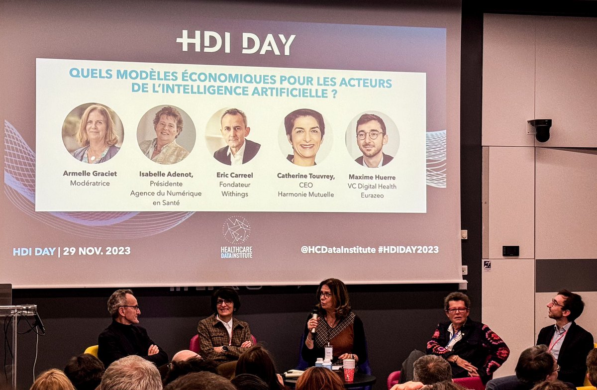 Table ronde sur les modèles économiques pour les acteurs de l’intelligence artificielle en santé, au #HDIDAY2023, avec I.Adenot (<a href="/esante_gouv_fr/">Agence du Numérique en Santé</a>), <a href="/ecaeca/">Eric Carreel</a> (<a href="/WithingsFR/">Withings FR</a>), C.Touvrey (<a href="/hmutuelle/">Harmonie Mutuelle</a>) et M.Huerre (<a href="/eurazeo/">Eurazeo</a>), animé par A.Graciet (<a href="/SnitemDM/">SnitemDM</a>) #IA #AI #esante #digitalhealth