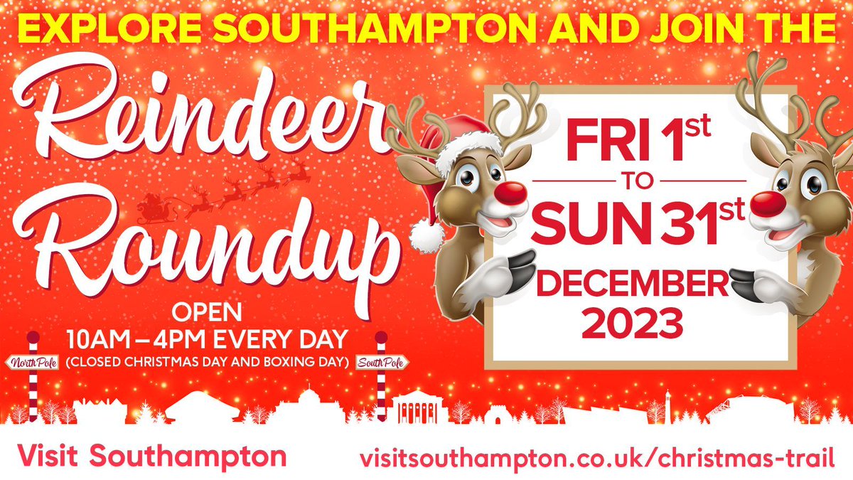 We are just two days away from our Reindeer Roundup! 🦌 Can you help us find all of Santa's missing reindeer? 🎅 For more information, click here 👉 buff.ly/3FvsIRk
#OurSouthampton <a href="/thesososhow1/">The So SO show</a>