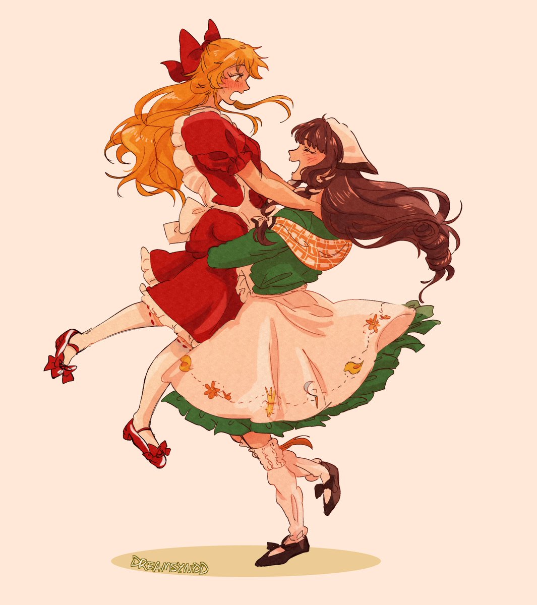 2girls multiple girls blonde hair dress apron long hair red dress  illustration images