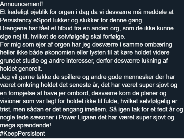 persistncyeS's tweet photo. Announcement!
Persistency eSport lukker og slukker :(

#KeepPersistent https://t.co/igPTdKyt4E