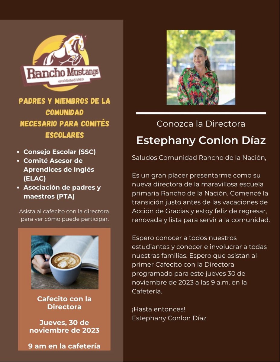 First Coffee with the Principal Thursday @ 9am, see you then! *** Primer Cafecito con la Directora, Jueves a las 9am, ahí nos vemos! #nsdnow