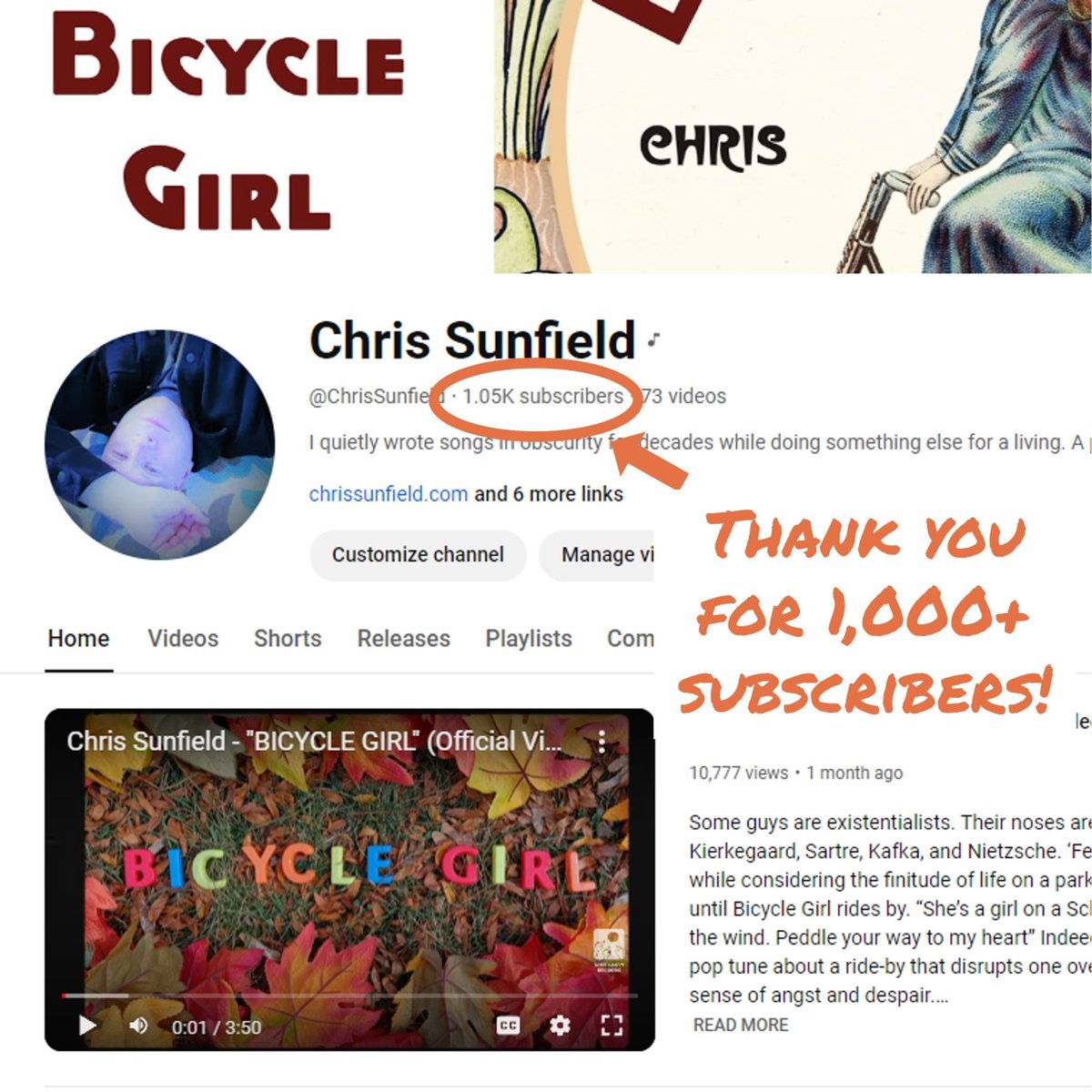 Thanks to everyone for subscribing to my YouTube channel! Have you seen the music videos for all 13 singles? Please check them out and subscribe if you haven't! Leave some comments on the videos and tell me what you think.
youtube.com/c/ChrisSunfield