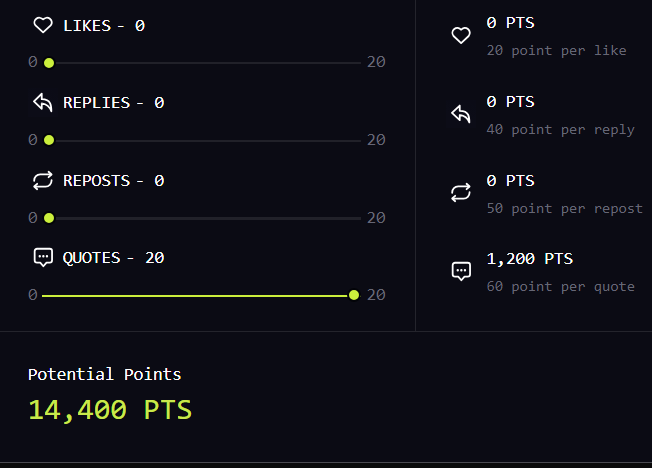 To maximize your <a href="/Portalcoin/">Portal</a> points we need to quote tweet each other!
Quotes
30 point per quote
Power Tweeters (Higher following / more tweets) will also receive a multiplier for engaging with Portal tweets.