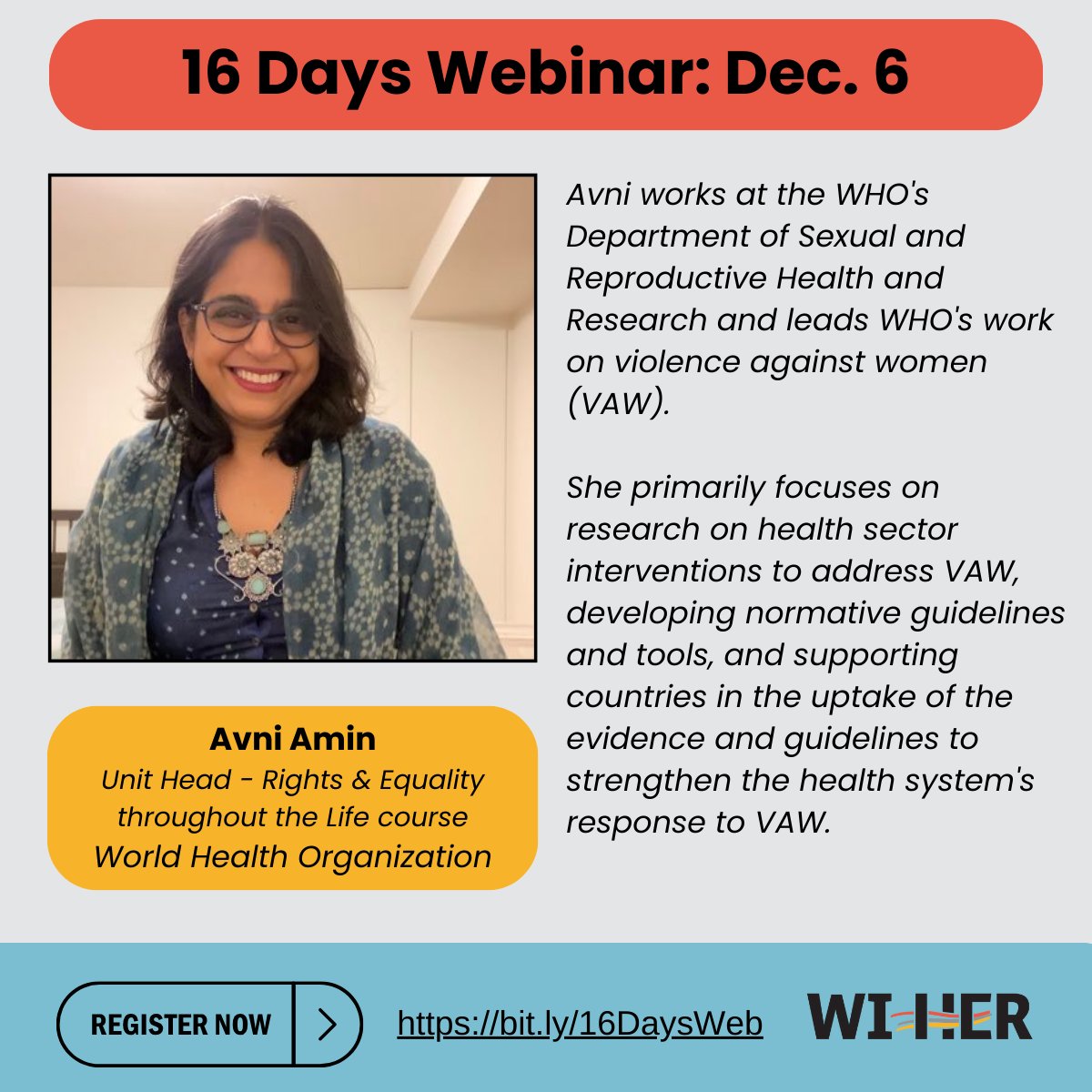 During our #16DaysOfActivism webinar on Dec 6, hear from Ms. @AvniNAmin, who will discuss how a @WHO curriculum for healthcare professionals has been used to strengthen #Healthcare systems in their approaches to GBV prevention & response. bit.ly/16DaysWeb @HRPResearch