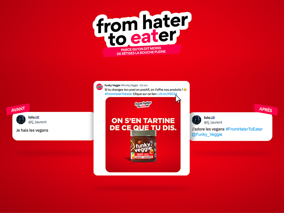 #FromHaterToEater : la marque française @Funky_Veggie offre des produits aux haters s’ils modifient leurs tweets. Détourner les haters des réseaux… en coup marketing 👌 #partenariat

Plus d’infos : bit.ly/47EVn55