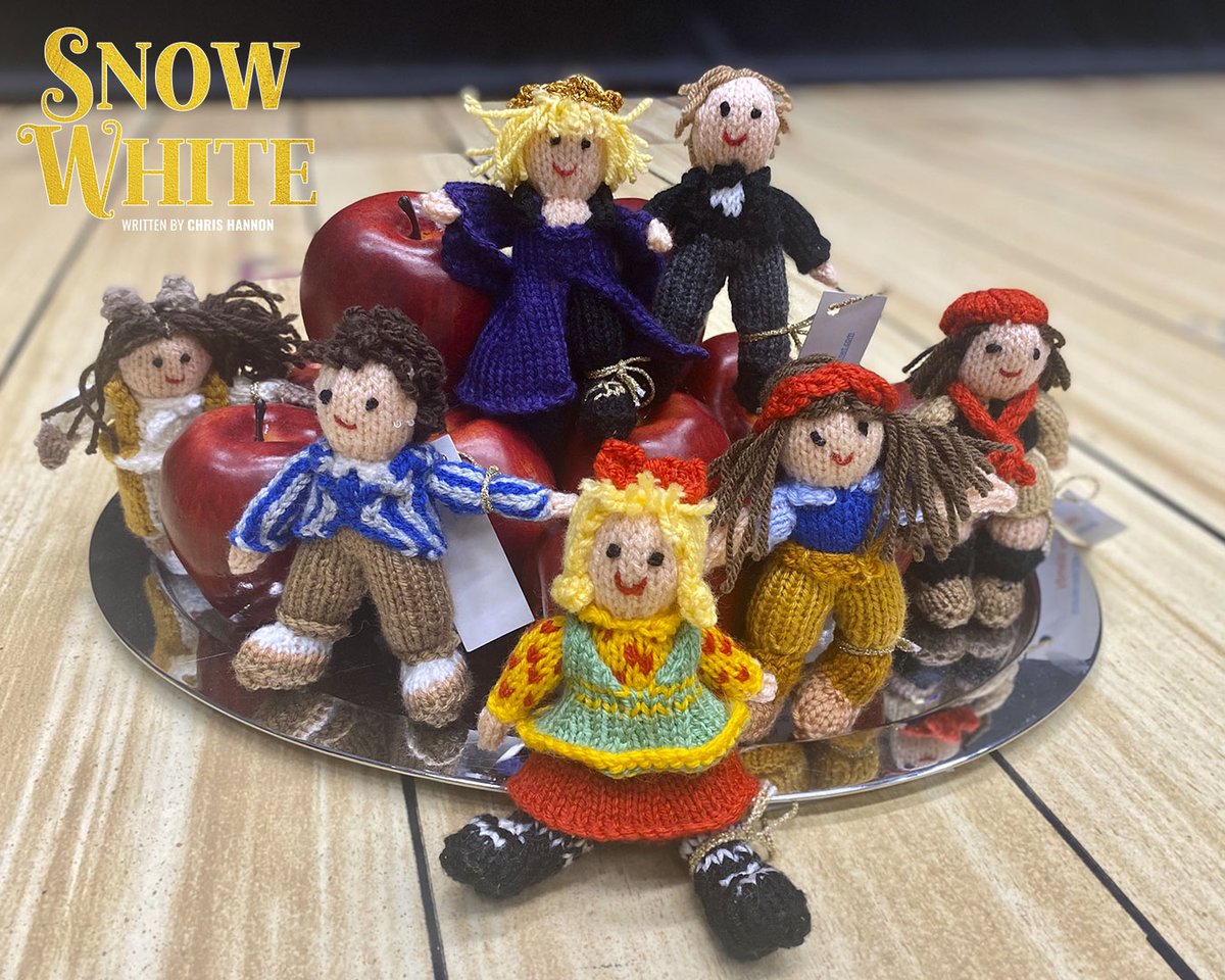 TheatreRoyalBSE's tweet photo. How cute are these Snow White characters! 😍🥲 Hand knitted by the fantastic Wendy Hamilton as gifts for our cast.

From left to right:
🐶 Corky the Corgi @lizziebuckingha 
🤺 Sir Nicholas of Norwich (Zachary Pang)
🧽 Dusty Crevice @craigpainting 
😈 Lady Lucretia @Bethtuckey2 
👺 Grumble @bakerist 
🍎 Snow White @_laralewis 
🎒 Gladys @pipcarson