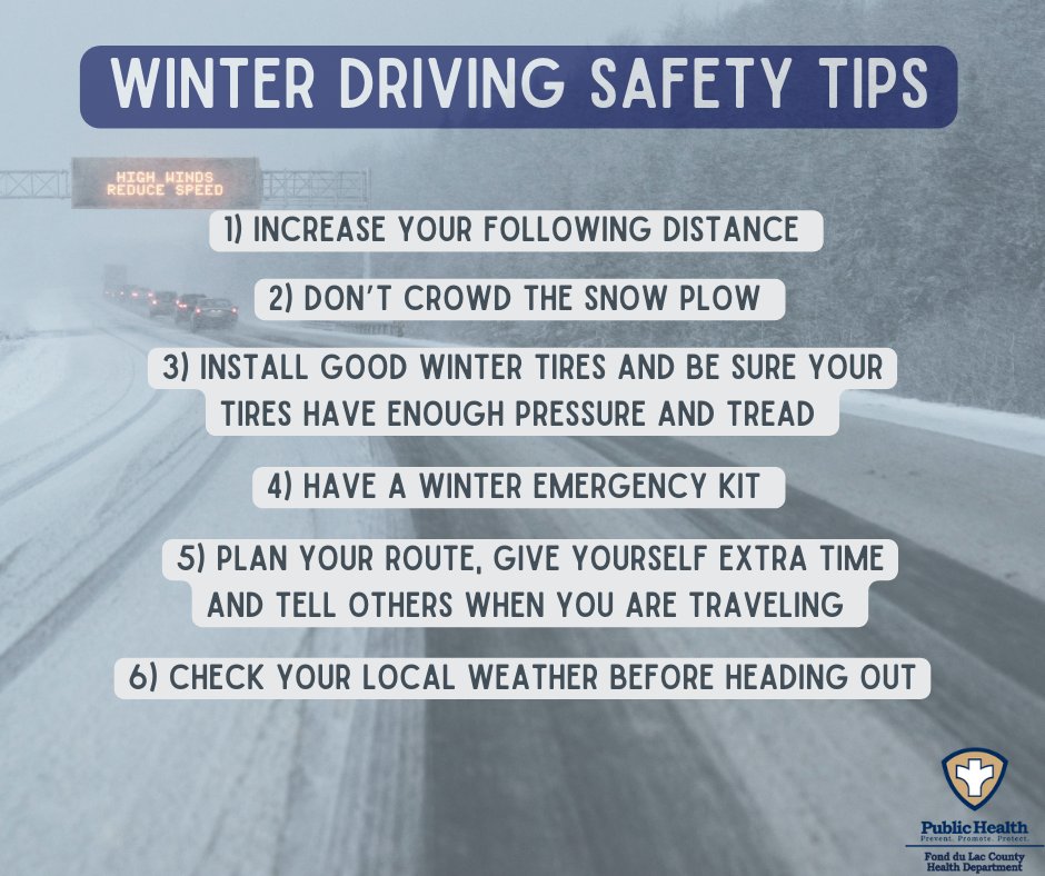fonddulaccounty's tweet photo. Winter traveling can be dangerous! Keep these safety tips in mind 🚗 #WinterReady https://t.co/bFX8uQU30X