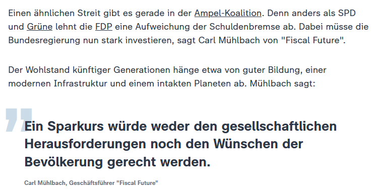 Freue mich sehr, dass <a href="/ZDFheute/">ZDFheute</a> über die gemeinsame Studie von <a href="/d_part/">d|part Think Tank</a> und <a href="/fiscalfuture_de/">FiscalFuture</a> berichtet. 

Unsere Auswertung eines repräsentatives Survey zeigt: 
Die Mehrheit der Bevölkerung steht schuldenfinanzierten Investitionen positiv gegenüber. 

Was daraus folgt? ⬇️