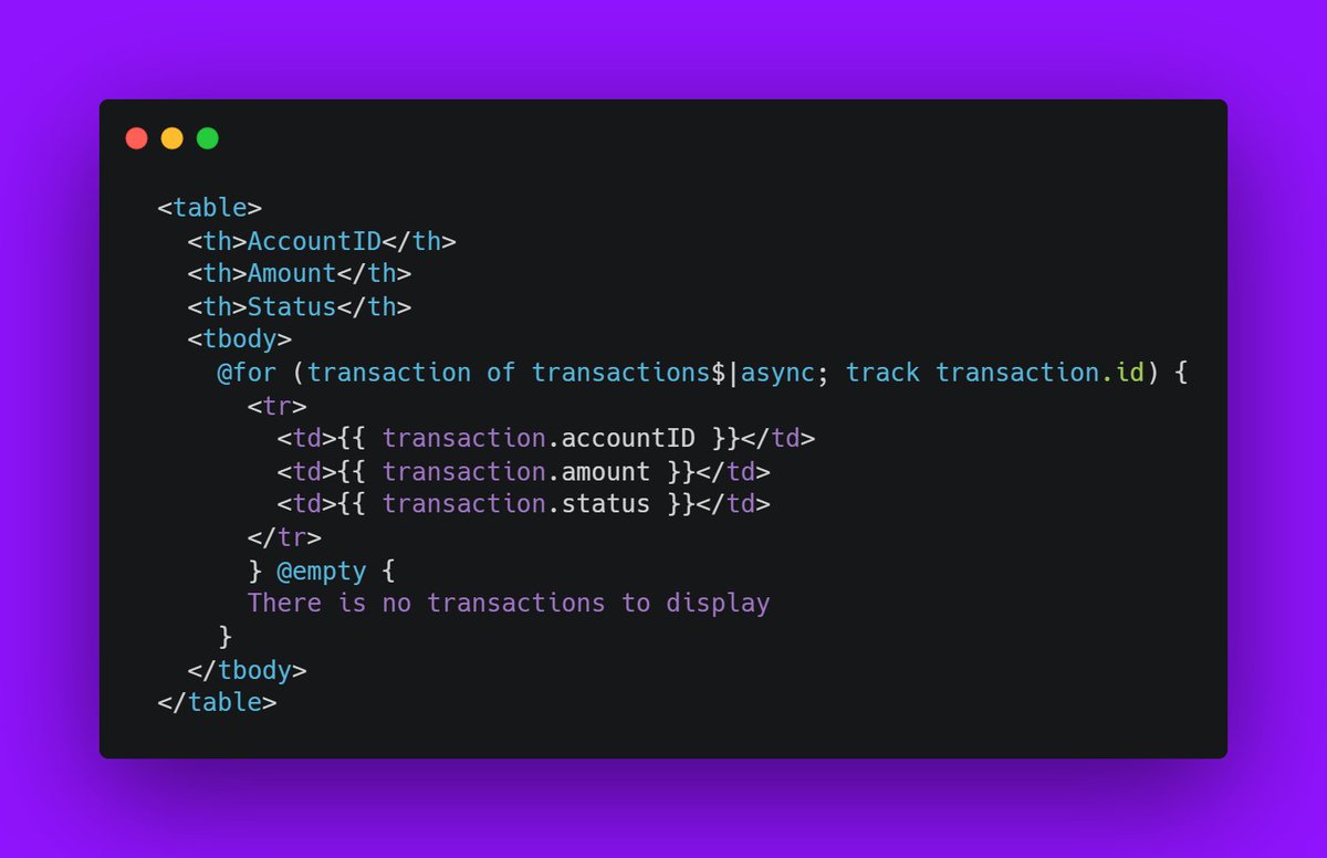 LamisChebbi's tweet image. This is an example of the new built-in for loop in Angular 17 👇
The new built-in control flow has as goal :
✔ Improving performance
✔ Enhancing template syntax
✔ Enhancing type checking
Will cover this in a separate blog post, stay tuned :) #angular #angular17