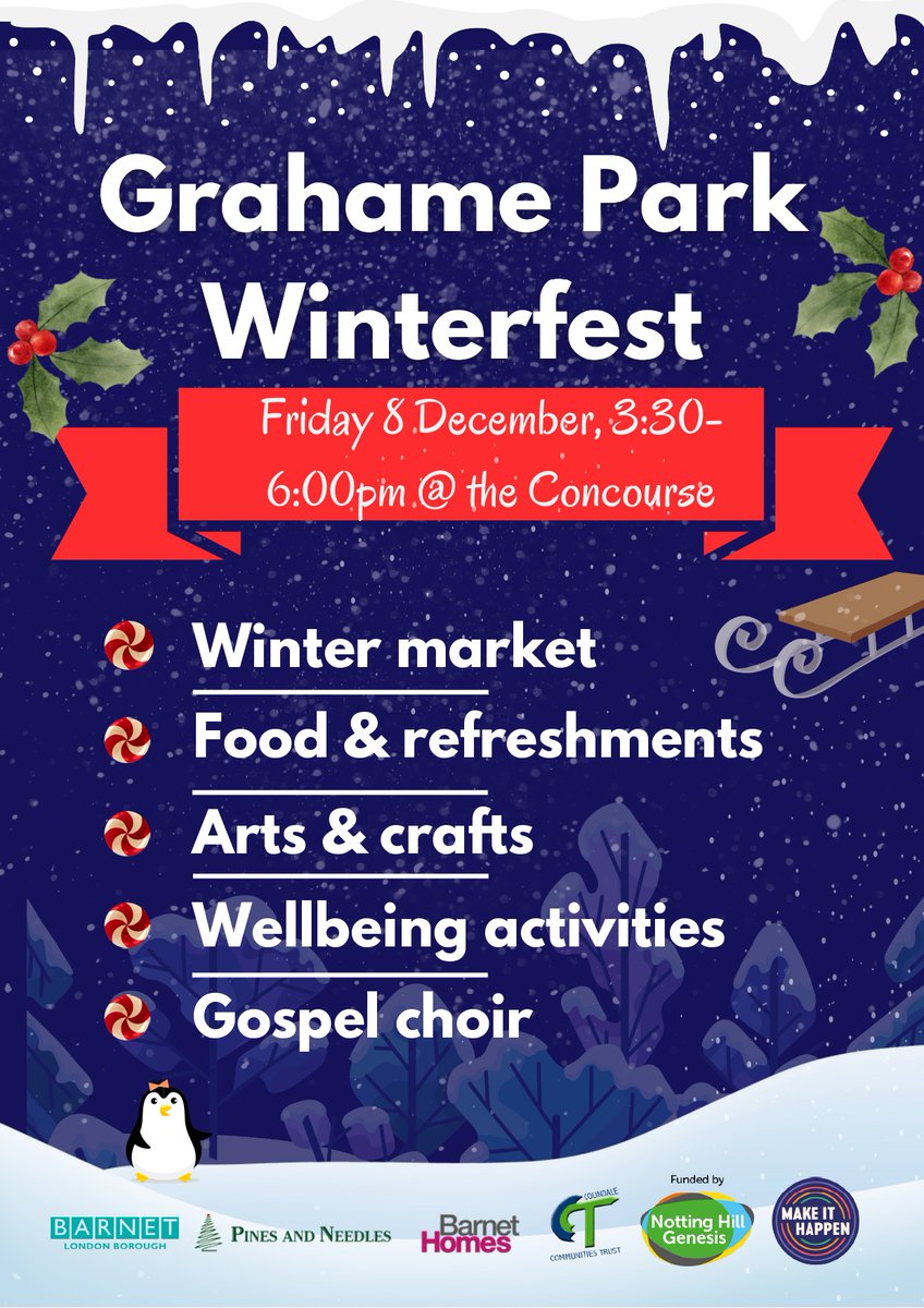 Grahame Park Winterfest is next Friday 8th December 3.30-6.00pm on the Grahame Park Concourse. Hope to see you all there #NHGhousing #cct_colindale #BarnetHomes #BarnetCouncil