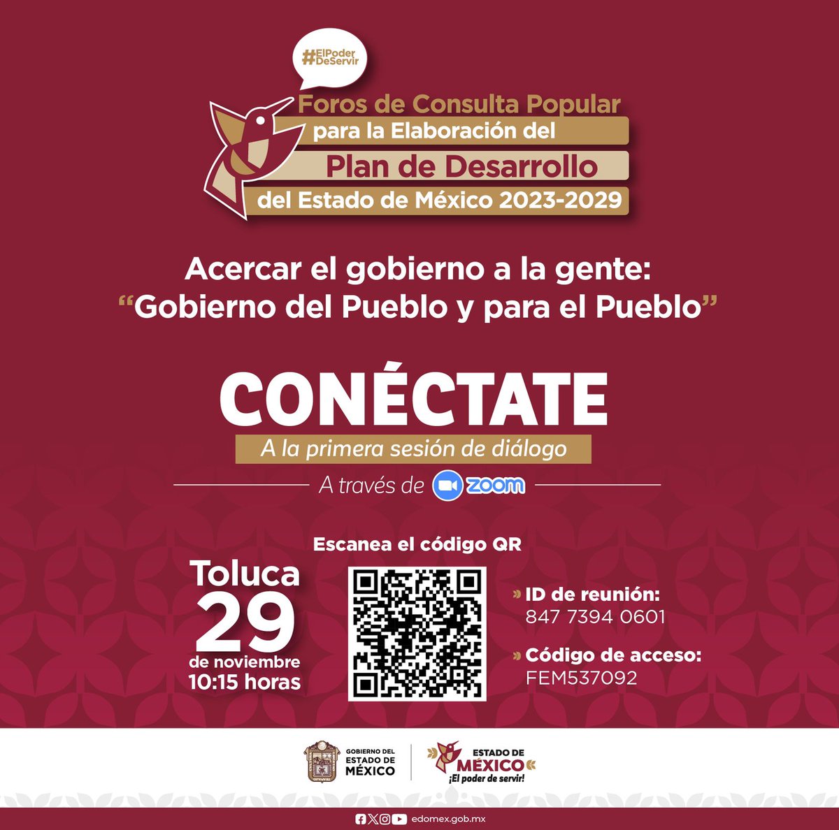 Participa en los #ForosDeConsultaPopular para la elaboración del #PlanDeDesarrolloEdoméx.
Únete vía zoom a la mesa de trabajo: 
Acercar el gobierno a la gente: “Gobierno del Pueblo y para el Pueblo”
tinyurl.com/5ddp5zcy
ID de reunión: 847 7394 0601
Código de acceso: FEM537092