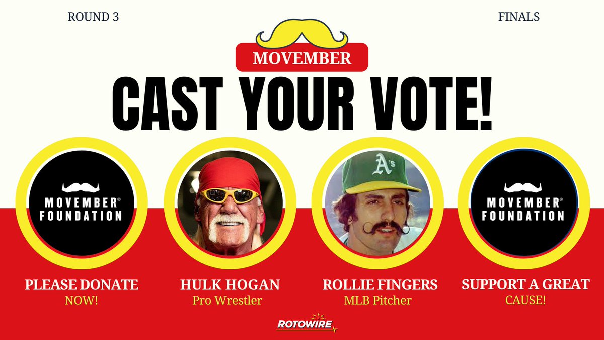 🏆 It's Rollie Fingers vs. Hulk Hogan in the finals for the best athlete mustache!

Who has the best 'stache? VOTE BELOW

There is still time to donate to <a href="/Movember/">Movember USA</a>! Join us in supporting a great cause for a chance to win a 3-month RotoWire subscription:
us.movember.com/team/2460150