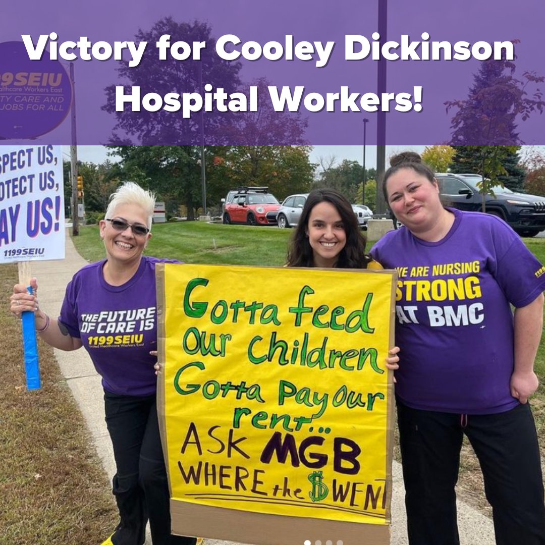 Workers at Cooley Dickinson Hospital have won! The hospital’s 600 technicians, therapists, assistants &amp; other support staff made their demands for respect, protections and better pay crystal clear and won 21% raises by 2024. Congrats! #SolidaritySeason <a href="/1199mass/">1199SEIU Mass.</a>