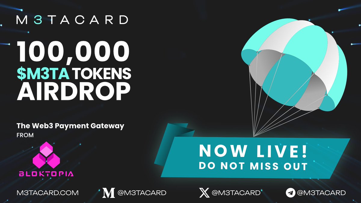 Introducing the future of payments - M3TACARD from <a href="/bloktopia/">Bloktopia</a>  

Get involved in the M3TA Airdrop here 👇

gleam.io/sLTW7/m3tacard…

#Airdrop #Giveaway #M3TA #BLOK
