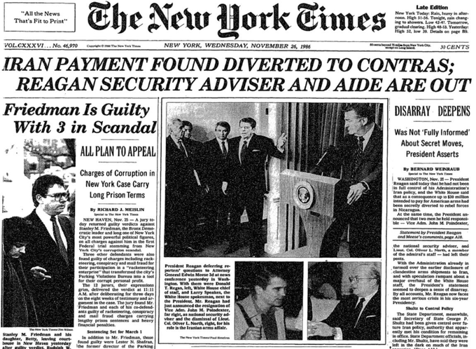 TammiMinoski's tweet photo. On November 26, 1986, Attorney General #EdwinMeese admitted profits from weapons sales to #Iran were diverted to assist the #Contra rebels in Nicaragua. John Poindexter resigned, and Oliver North was fired. https://t.co/k9W84Z3Zqn… #ColdWarHist #IranContraScandal https://t.co/9R3Da1Ykj1