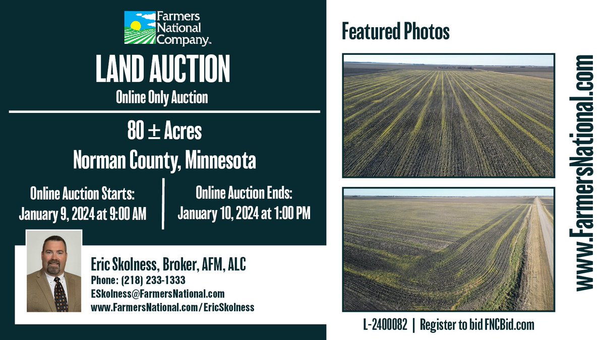 Land Auction!
Online-only auction.
80 acres in Norman County, #Minnesota.

Available for the 2024 crop year. Strong soil productivity index of 92.7! Excellent Red River Valley farmland.

🔗: fncrealestate.com/properties/l-2…

#farmlandforsale