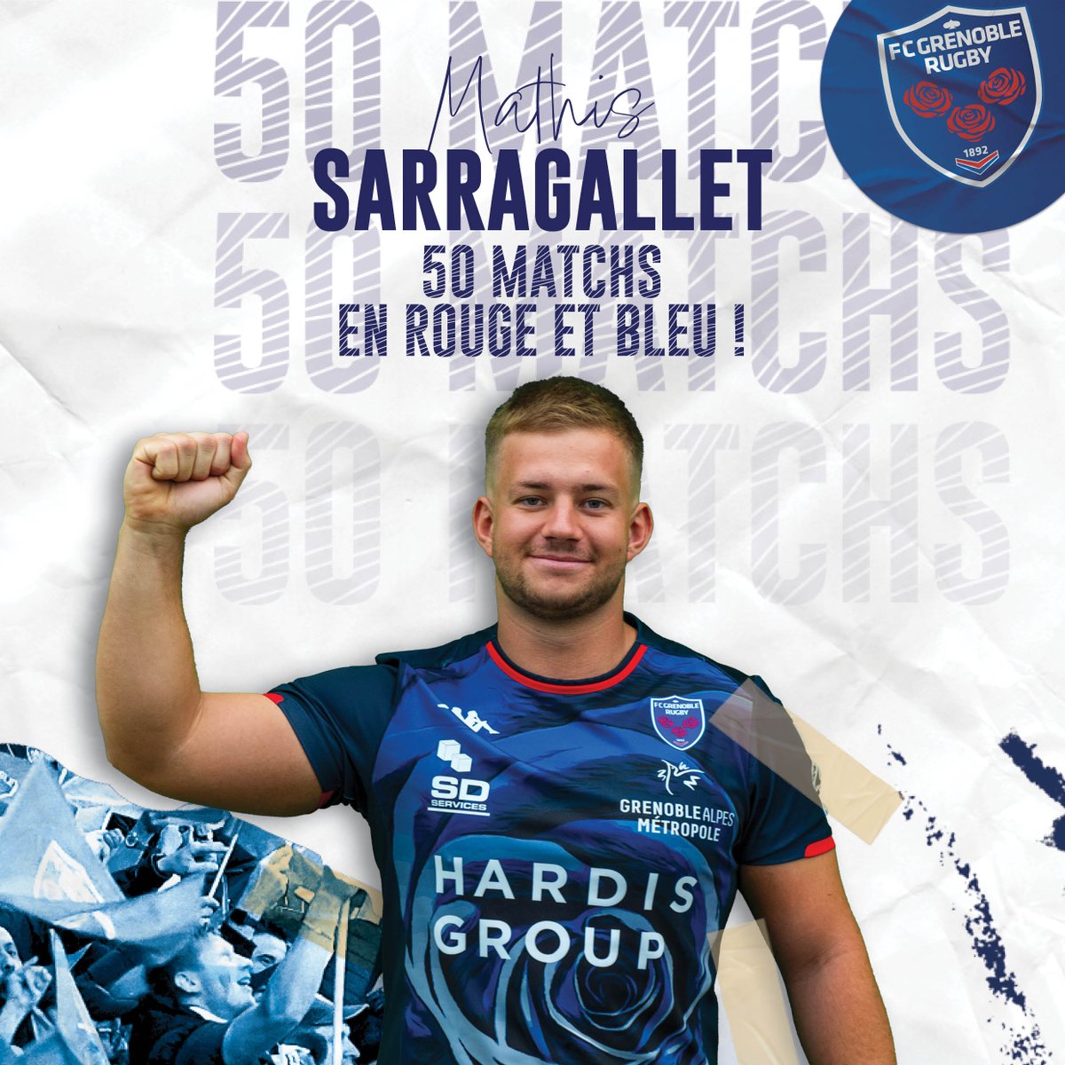 Il jouera demain soir son 𝓬𝓲𝓷𝓺𝓾𝓪𝓷𝓽𝓲𝓮̀𝓶𝓮 match en Rouge &amp; Bleu ! 
Félicitations à notre talonneur Mathis Sarragallet 👏