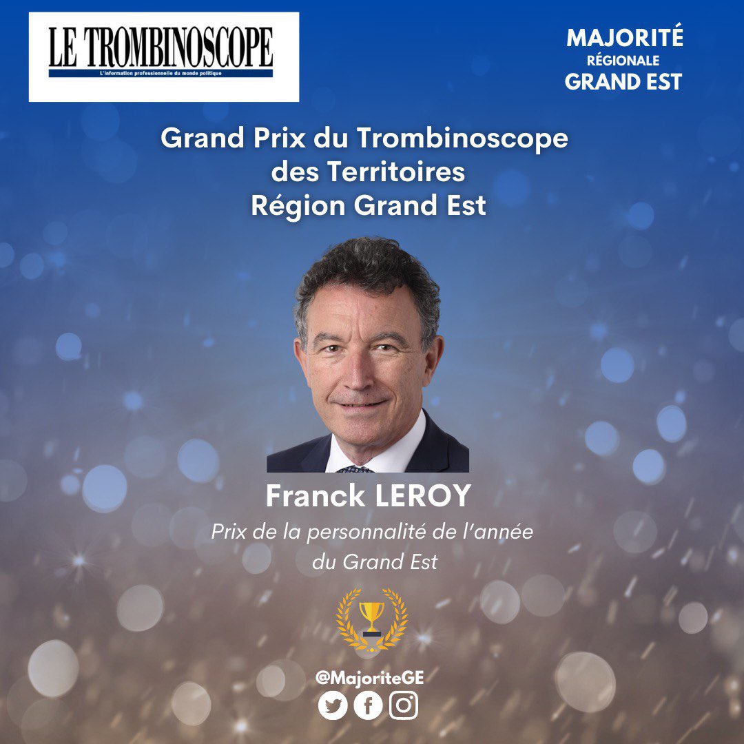 MajoriteGE's tweet photo. ✅@Franck_LEROY_ a reçu hier soir le prix de la personnalité de l’année 2023 du #GrandEst par @LeTrombinoscope. Élu président de la @regiongrandest en janvier, il s’engage pour la reindustrialisation de la Région et la transition énergétique et écologique de notre #territoire ! https://t.co/sZbyDWM9vc