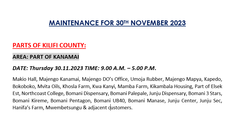 Good evening, Kindly receive tomorrows power interruptions (30.11.2023) ^FK